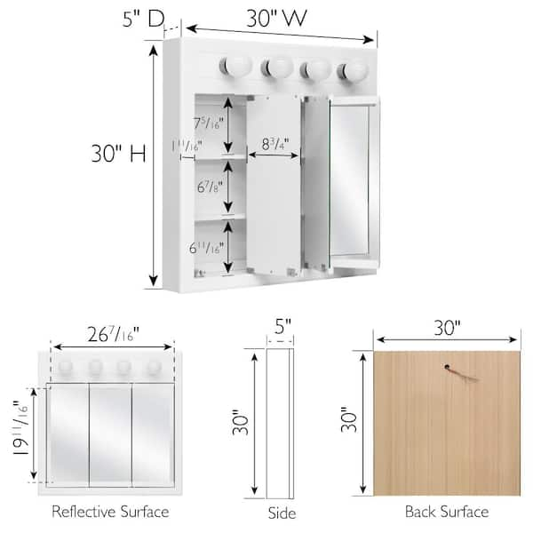 Concord 30 in. x 30 in. Surface-Mount 4-Light Tri-View Medicine Cabinet in White Gloss