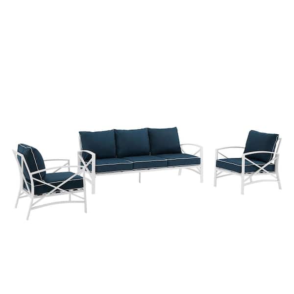 CROSLEY FURNITURE Kaplan White 3-Piece Metal Patio Conversation Set with Navy Cushion