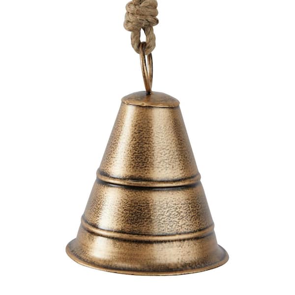 Litton Lane Gold Metal Tibetan Inspired Wide Cone Decorative Cow Bell with Jute Hanging Rope (3- Pack), Rustic Gold