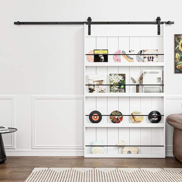 48 in. x 84 in. White Primed Composite MDF Storage Style Shelves Sliding Barn Door with Hardware Kit and Soft Close