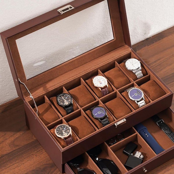 12-Slot Men's Faux Leather Watch Box with Drawer and Glass Lid, 2