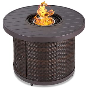 32in Round Wicker Fire Pit Table, 50,000 BTU Outdoor Patio Propane Gas Firepit w/Cover - Brown