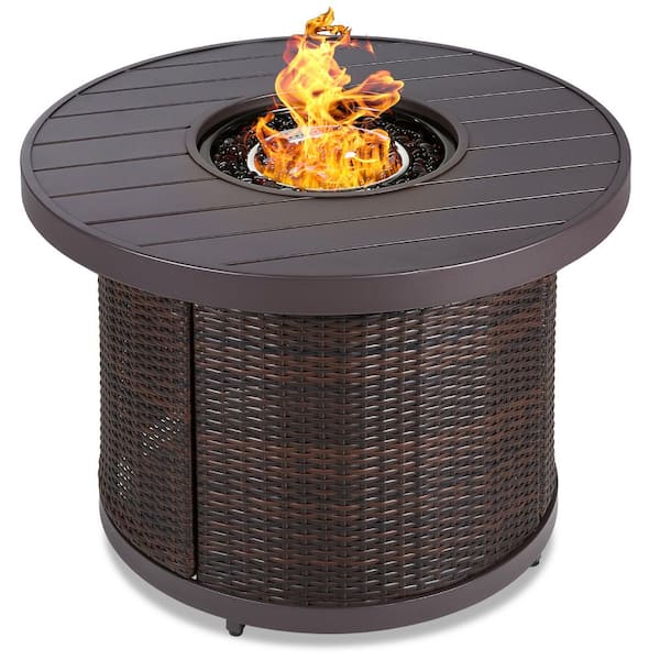 Best Choice Products 32in Round Wicker Fire Pit Table, 50,000 BTU Outdoor Patio Propane Gas Firepit w/Cover - Brown