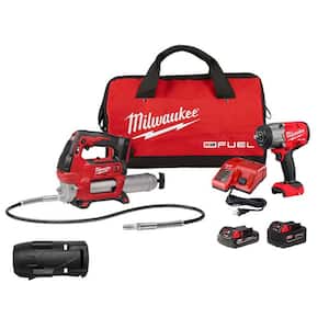M18 FUEL 18V Lithium-Ion Brushless Cordless High Torque 1/2 in. Impact Wrench & Grease Gun Combo Kit W/Protective Boot