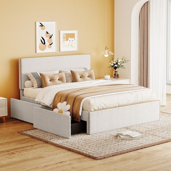 Harper & Bright Designs White Wood Frame Full Size Fleece Fabric Upholstered Platform Bed with 4-Drawer, Golden Edge on Headboard & Footboard