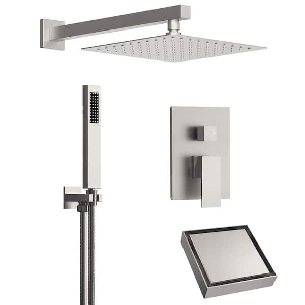 Single-Handle Rain 2-Spray Square 10 in. Shower Head Fixed and Handheld Shower Head in Brused Nickel with Shower Drain