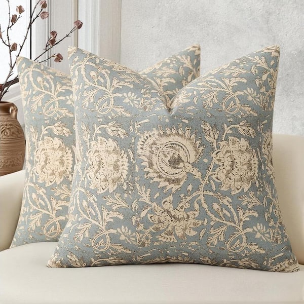 Sky Blue Vintage Floral Print Throw Pillow Covers 18 in. x 18 in.  Set of 2