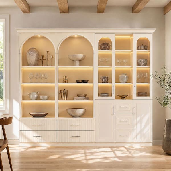 92.5 in. Tall Cream Wood 28-Shelf Accent Bookcase with LED Lighting, Arched Glass Doors, 10 Storage Drawers