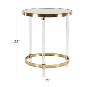 19 in. Gold Large Round Mirrored End Table with Mirrored Top and Acrylic Legs
