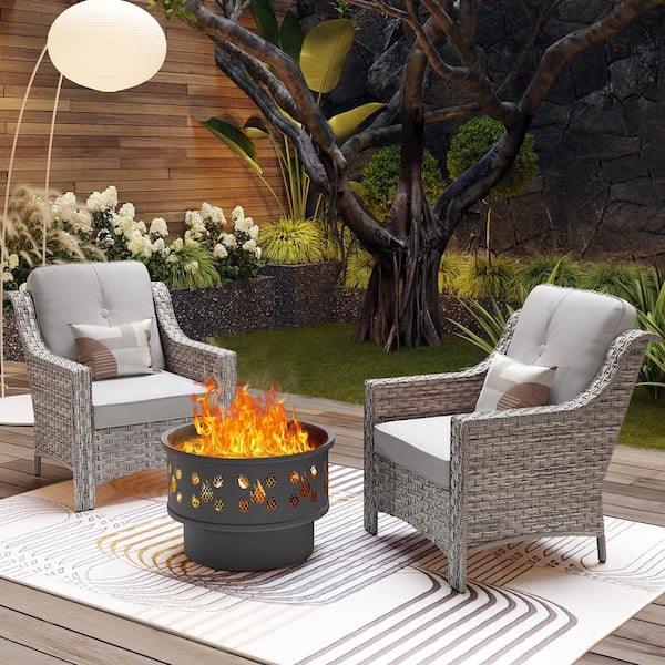 Toject Eureka Gray 3-Piece Wicker Outdoor Patio Conversation Chair Set with a Wood-Burning Fire Pit and Light Grey Cushions