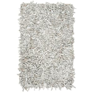 Leather Shag Gray/White 3 ft. x 5 ft. Solid Area Rug