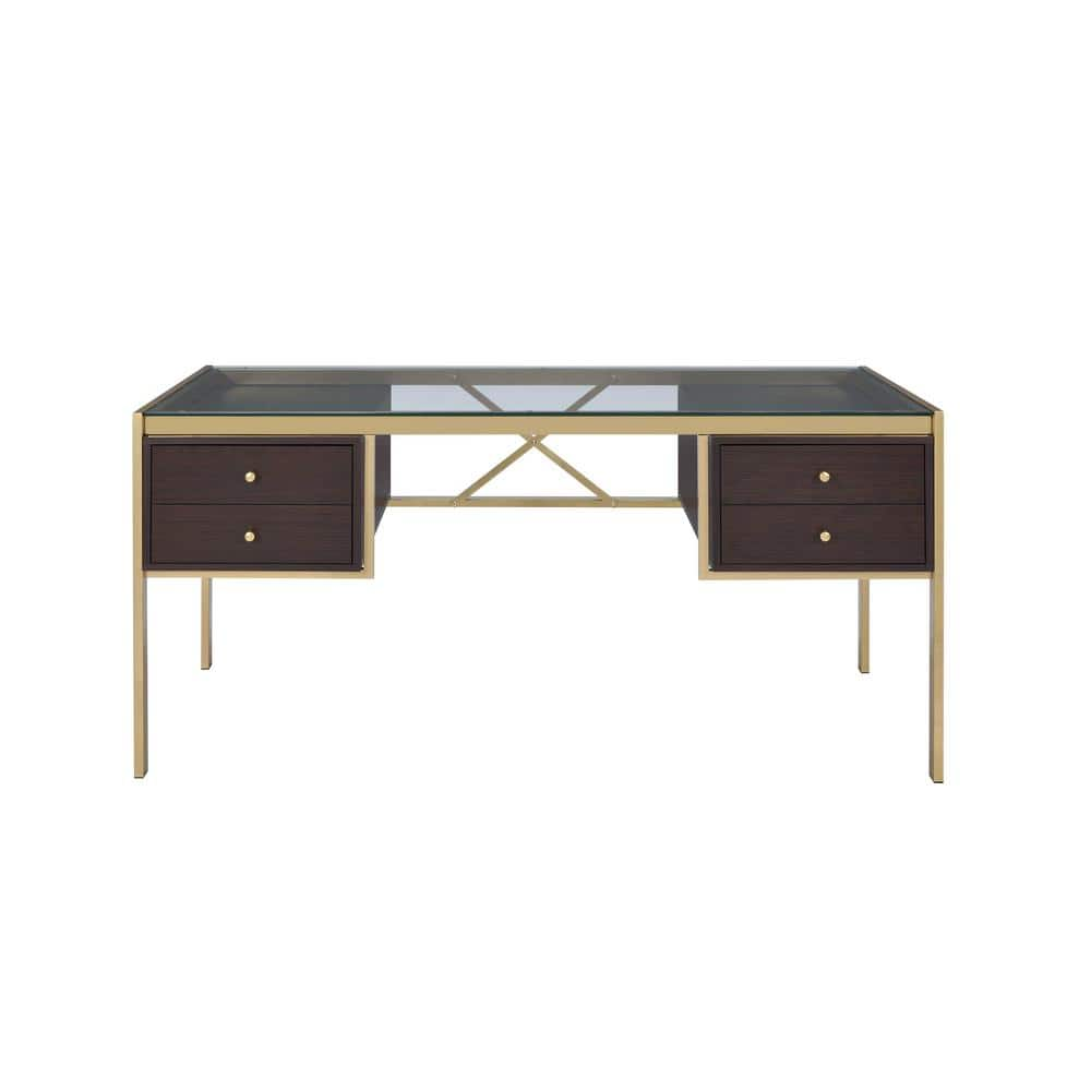 Acme Furniture 64 in. Rectangular Glass/Gold 4 Drawer Writing Desks with BuiltIn Storage 92785