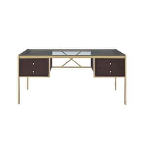 64 in. Rectangular Glass/Gold 4 Drawer Writing Desks with Built-In Storage