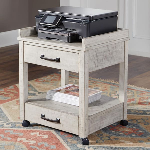 Carynhurst Printer Stand with Drawer, Shelf, Caster and USB Port, White