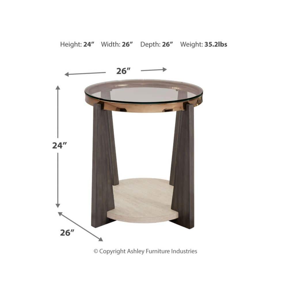 Round Beige and Brown Wood Metal End Table with Glass Top