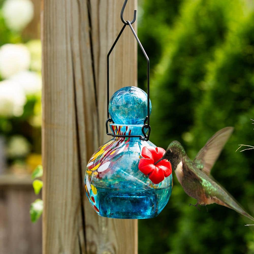 Hand-Blown Blue Glass Solar Hanging Hummingbird Feeder