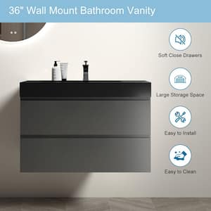 36 in. W x 18 in. D x 25 in. H Single Sink Floating Bath Vanity in Gray with Black Solid Surface Top
