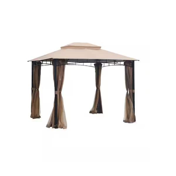 10 ft. x 12 ft. Beige Softtop Metal Gazebo with Mosquito Net and Sunshade Curtains for Gardens, Galvanized Steel Design