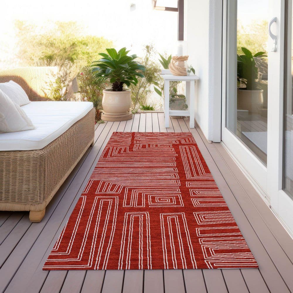 Red Geometric Synthetic Washable Runner Rug 2'3" x 7'6"