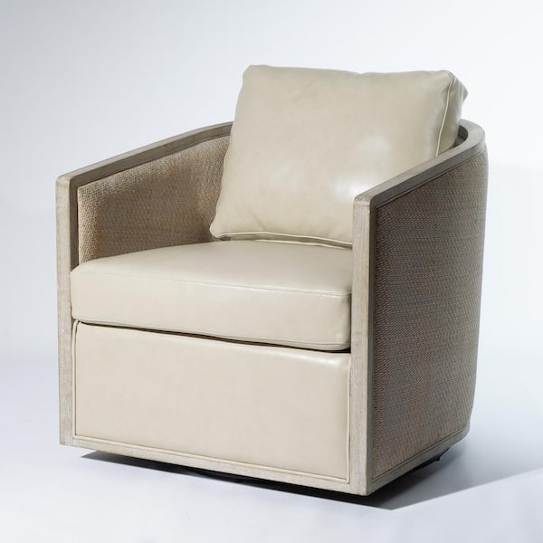KINWELL Oyster Genuine Leather Cane Swivel Barrel Club Arm Chair