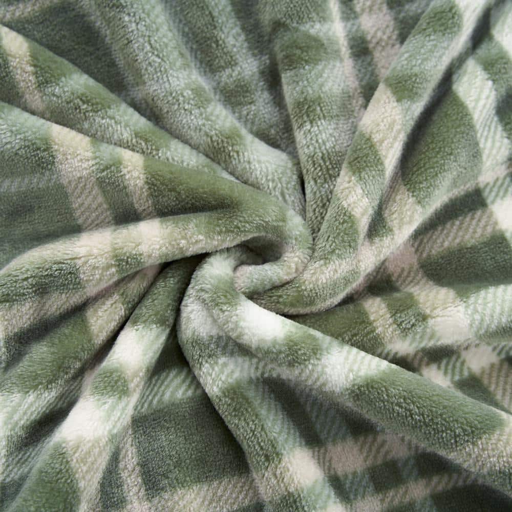 Olive Green Plaid Faux Fur Reversible Throw Blanket 50" x 70"
