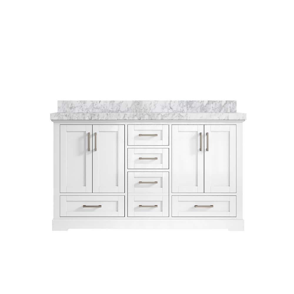 "Boston 60 in. W x 22 in. D x 36 in. H Double Sink Bath Vanity in White with 2"" Carrara Marble Top" price history on PriceWatchPro