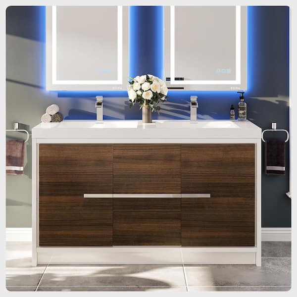 Eviva Grace 60 in. W x 20 in. D x 36 in. H Double Bathroom Vanity in Gray Oak with White Acrylic Top with White Sinks