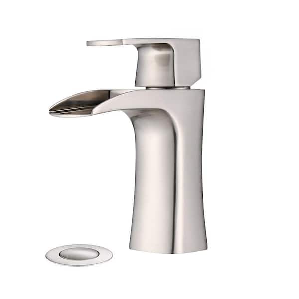 Miscool Waterfall Single Handle Single Hole Bathroom Sink Faucet with Deck Mount and Deckplate Included in Brushed Nickel