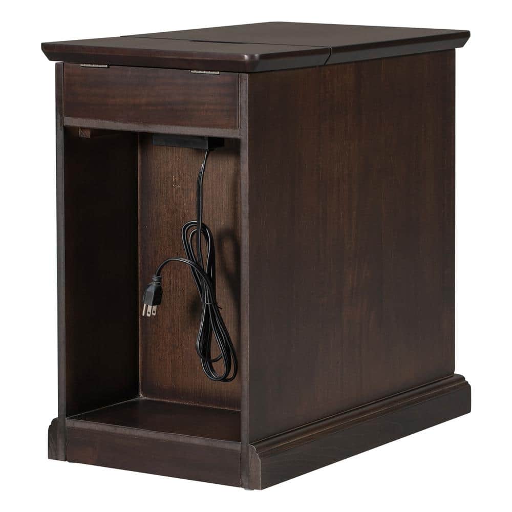 14 in. Antique Brown Rectangle Solid Wood End Table Side Table with USB Ports, Drawer, Cup Holders, No Assembly Need - thumbnail 3