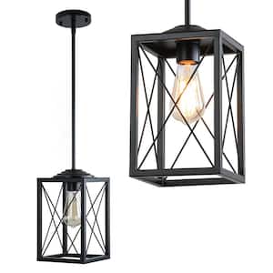 1-Light Modern Black Kitchen Island Pendant Light with Rectangle Cage,Industrial Pendant for Cafe Bar Dining Table