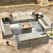 Crater Grey 13-Piece Wicker Wide-Plus Arm Outdoor Fire Pit Patio Conversation Sofa Set with Beige Cushions