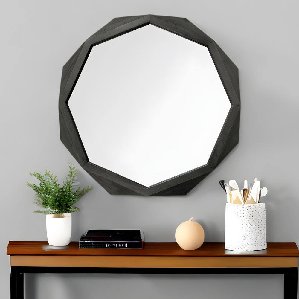 Black Octagonal Solid Wood Bathroom Vanity Mirror