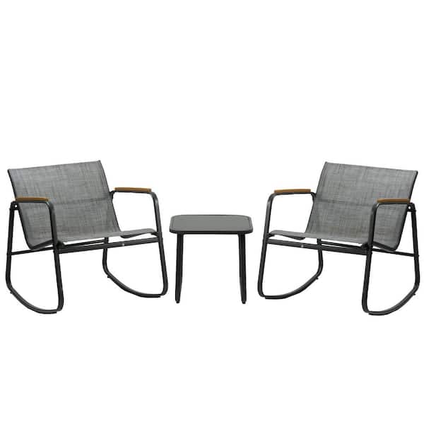 KOZYARD 3 Piece Metal Patio Conversation Set with Wooden Armrests, Outdoor Patio Furniture Set with Glass Table (Gray)