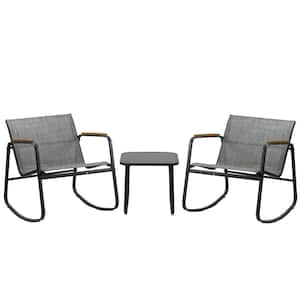 3 Piece Metal Patio Conversation Set with Wooden Armrests, Outdoor Patio Furniture Set with Glass Table (Gray)