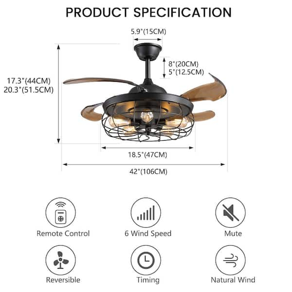 ANTOINE 42 in. Industrial Indoor Black Caged Ceiling Fan with Light and  Remote, Farmhouse 5-Light Retractable Ceiling Fan HD-FSD-66 - The Home Depot