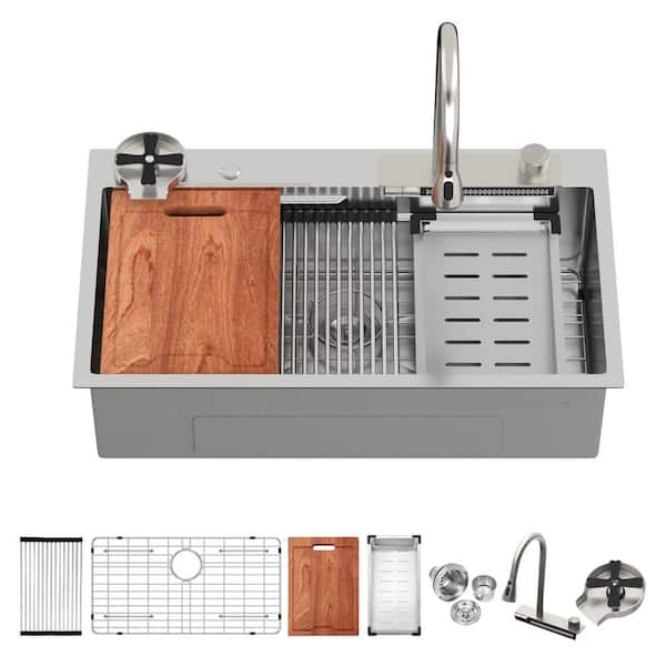 33 in. Drop-In Single Bowl 16 Gauge Brushed Nickel Stainless Steel Kitchen Sink with Workstation