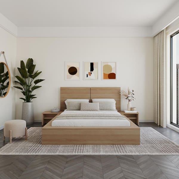 Marcy 4-Piece Brown Oak Wood Queen Size Bedroom Set