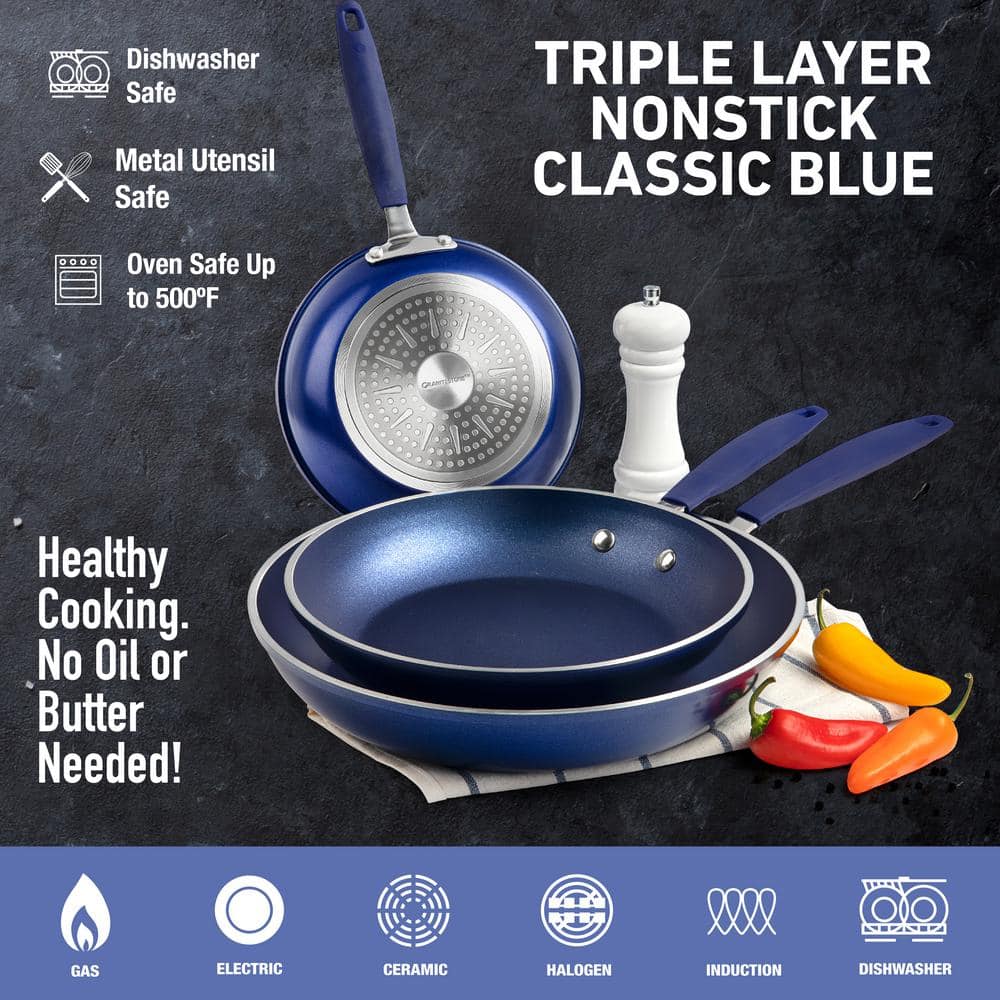 Blue Aluminum Nonstick Fry Pan Set with Silicone Handles