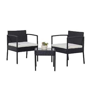 Black 3-Piece Wicker Outdoor Sectional Set Lounge Seat Set with Tempered Glass Coffee Table and White Cushions