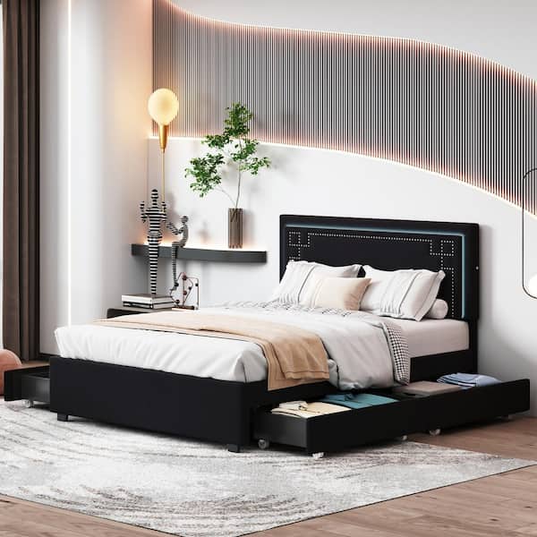 Nestfair Black Wood Frame Queen Size Upholstered Platform Bed with 4-Drawers, LED and Rivet-Decorated Headboard