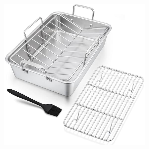 13.5 qt. Black Nonstick Carbon Steel Oven Safe Roasting Pan Set with V-Shaped and Flat Rack, 3 Piece