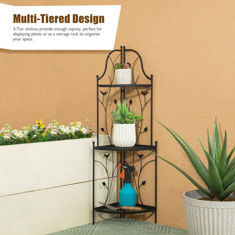 Matte Black 3-Tier Metal Corner Plant Stand with Vines