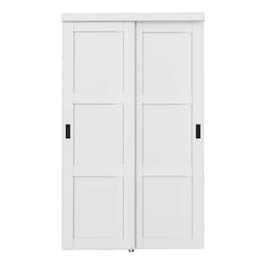 48 in. x 80 in. Paneled 3-Lite Blank Pattern White Primed MDF Sliding Door with Hardware and Black Handles