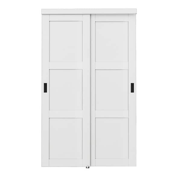 48 in. x 80 in. Paneled 3-Lite Blank Pattern White Primed MDF Sliding Door with Hardware and Black Handles