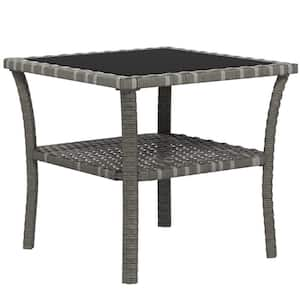 Gray Square Aluminum 17.75 in. H Outdoor Side Table with Storage Shelf, Rattan Coffee Table with Tempered Glass Top