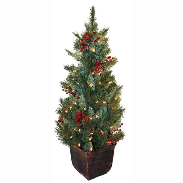 General Foam 4 ft. Pre-Lit Pine Artificial Christmas Tree with Berries and Pine Cones