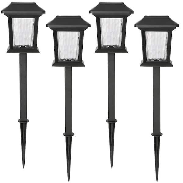 Hampton Bay Solar 15 Lumens Black Outdoor Integrated LED Path Light with Hammered Glass (4-Pack); Weather/Water/Rust Resistant