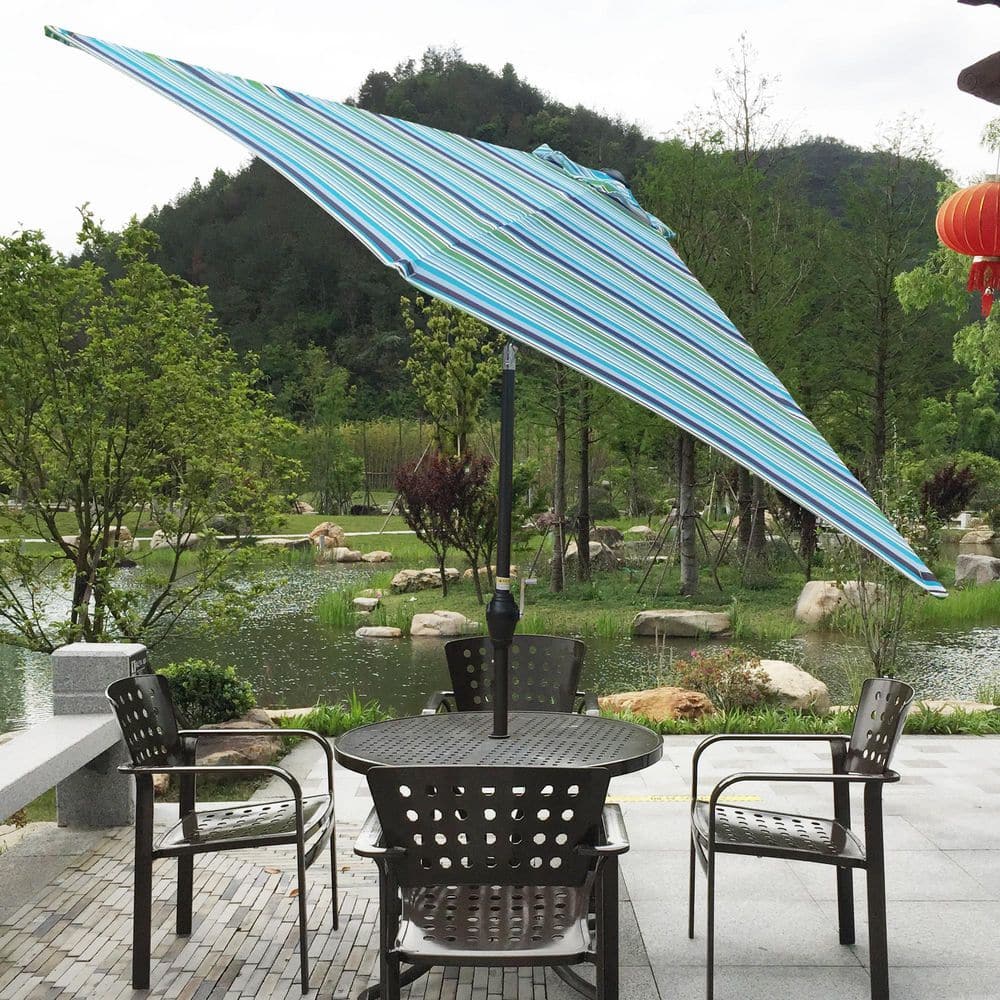 allen roth navy awning market 9-ft patio umbrella Cesicia 9 ft. Steel Outdoor Patio Umbrella Market Umbrella in Blue Striped with Push Button Tilt and Crank