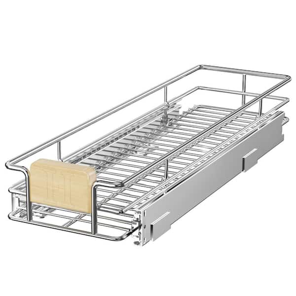 HOMEIBRO Space Saver Silver Metal Pull-Out Organizer for Kitchen Wooden Handle Slide Out Storage