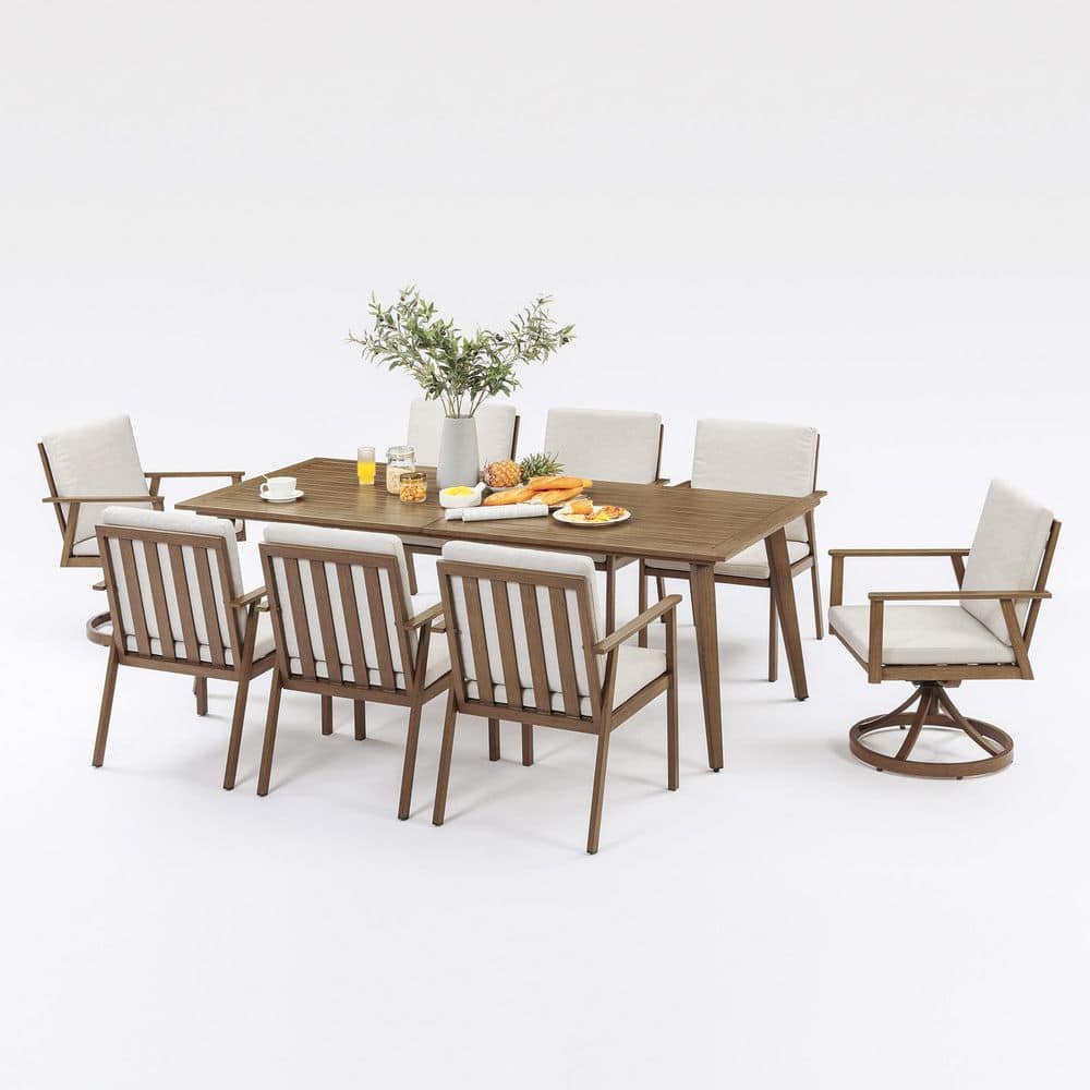 Medium Brown Wood 9-Piece Aluminum Outdoor Dining Set with 2-Swivel Dining Chairs, Rectangular Table and Beige Cushions